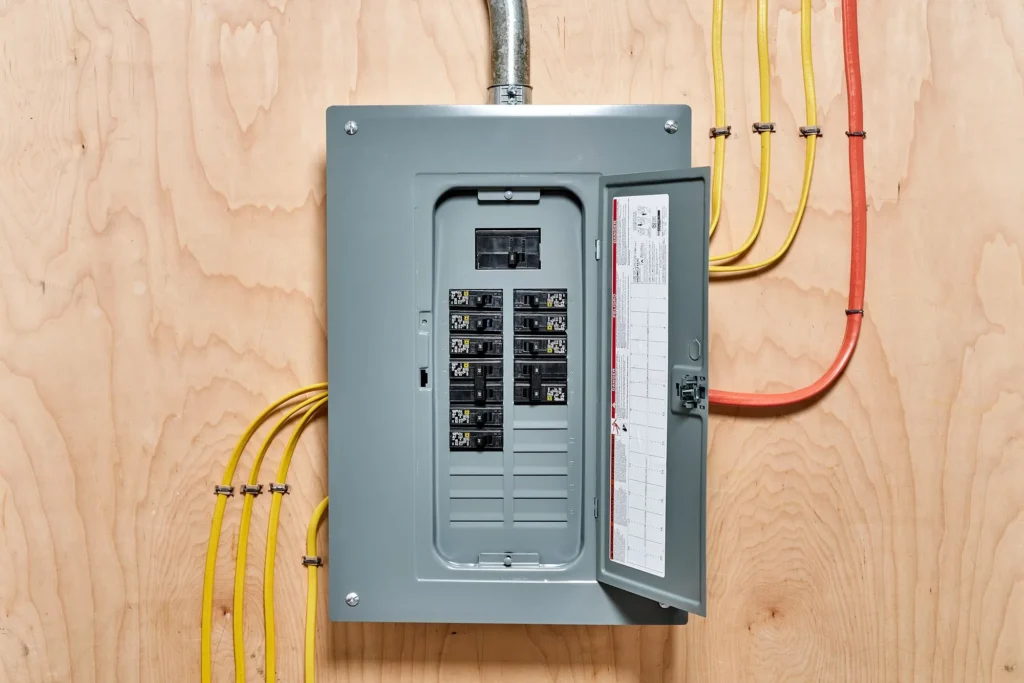Residential circuit breaker panel showing rows of circuit breakers for home electrical safety